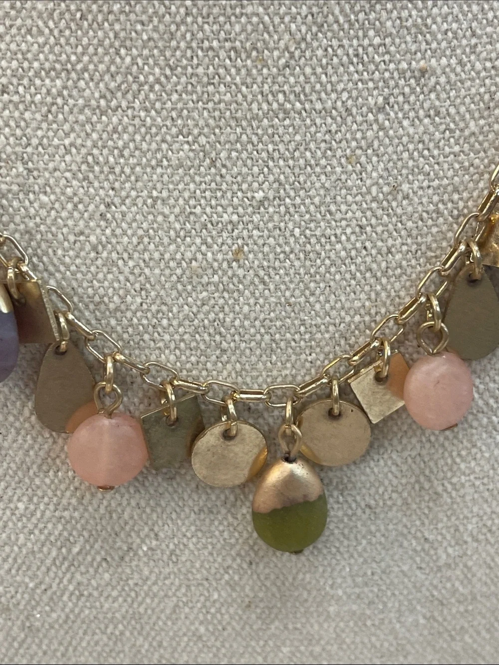 Universal Thread necklace honey topaz, lilac, green agate, and peach moonstone